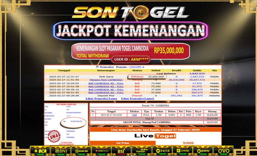 Bukti JP Sontogel kemenangan berapapun akan dibayarkan tuntas tanpa kekurangna sepersenpun langsung saja bermain disitus kami