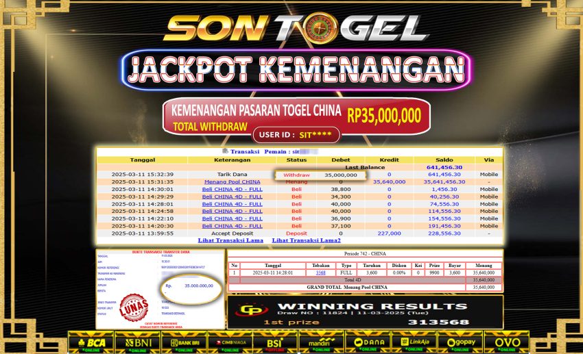 Bukti JP Sontogel kemenangan berapapun akan dibayarkan tuntas tanpa kekurangna sepersenpun langsung saja bermain disitus kami