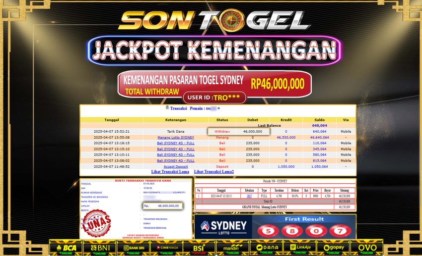 Bukti JP Sontogel kemenangan berapapun akan dibayarkan tuntas tanpa kekurangan sepersenpun langsung saja bermain disitus kami