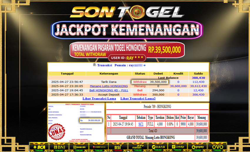 Bukti JP Sontogel kemenangan berapapun akan dibayarkan tuntas tanpa kekurangan sepersenpun langsung saja bermain disitus kami