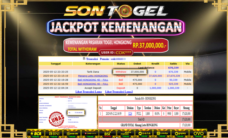 Bukti JP Sontogel kemenangan berapapun akan dibayarkan tuntas tanpa kekurangan sepersenpun langsung saja bermain disitus kami