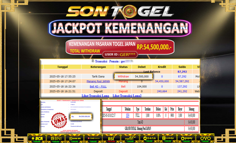 Bukti JP Sontogel kemenangan berapapun akan dibayarkan tuntas tanpa kekurangan sepersenpun langsung saja bermain disitus kami