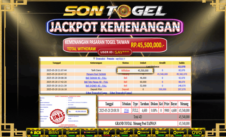 Bukti JP Sontogel kemenangan berapapun akan dibayarkan tuntas tanpa kekurangan sepersenpun langsung saja bermain disitus kami