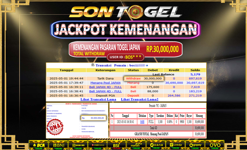 Bukti JP Sontogel kemenangan berapapun akan dibayarkan tuntas tanpa kekurangan sepersenpun langsung saja bermain disitus kami