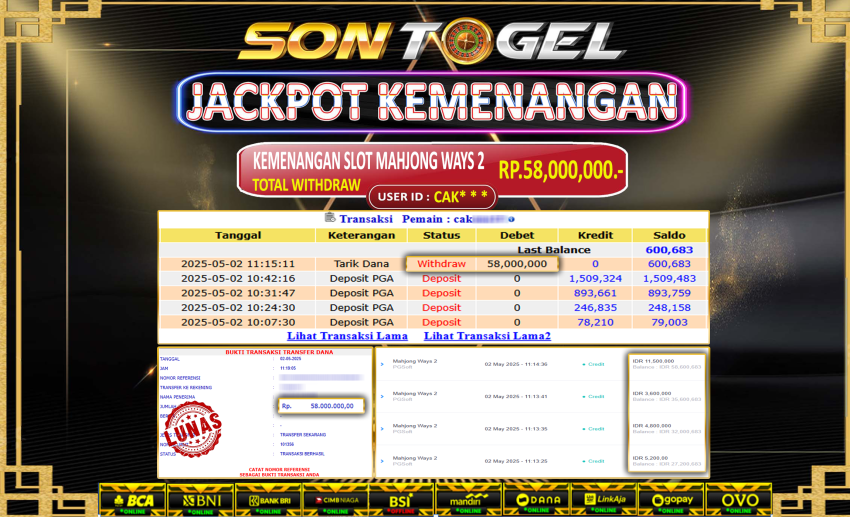 Bukti JP Sontogel kemenangan berapapun akan dibayarkan tuntas tanpa kekurangan sepersenpun langsung saja bermain disitus kami
