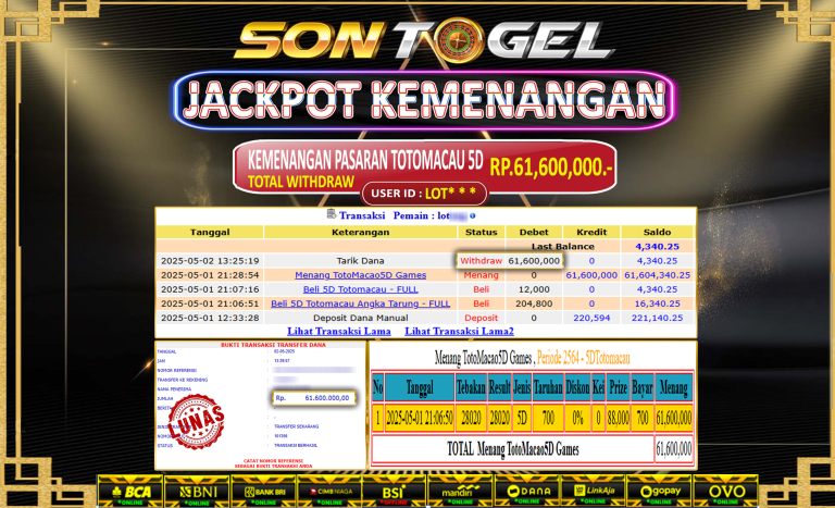 Bukti JP Sontogel kemenangan berapapun akan dibayarkan tuntas tanpa kekurangan sepersenpun langsung saja bermain disitus kami