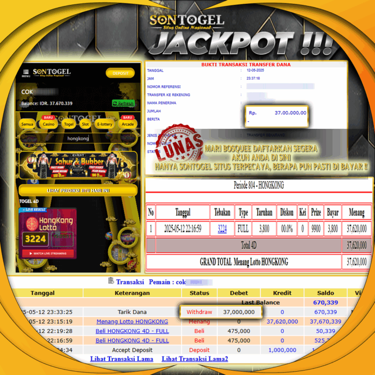 Bukti JP Sontogel kemenangan berapapun akan dibayarkan tuntas tanpa kekurangan sepersenpun langsung saja bermain disitus kami